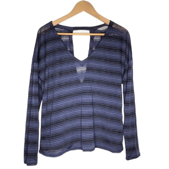 Athleta Blue & Black Striped Sheer Deep V-Neck Long Sleeve Top Size S - Picture 1 of 8